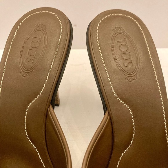 TOD'S Slides Heels Mules Womens 8.5 Brown Blue White Leather Open Toe‎ Slip on - Picture 5 of 11